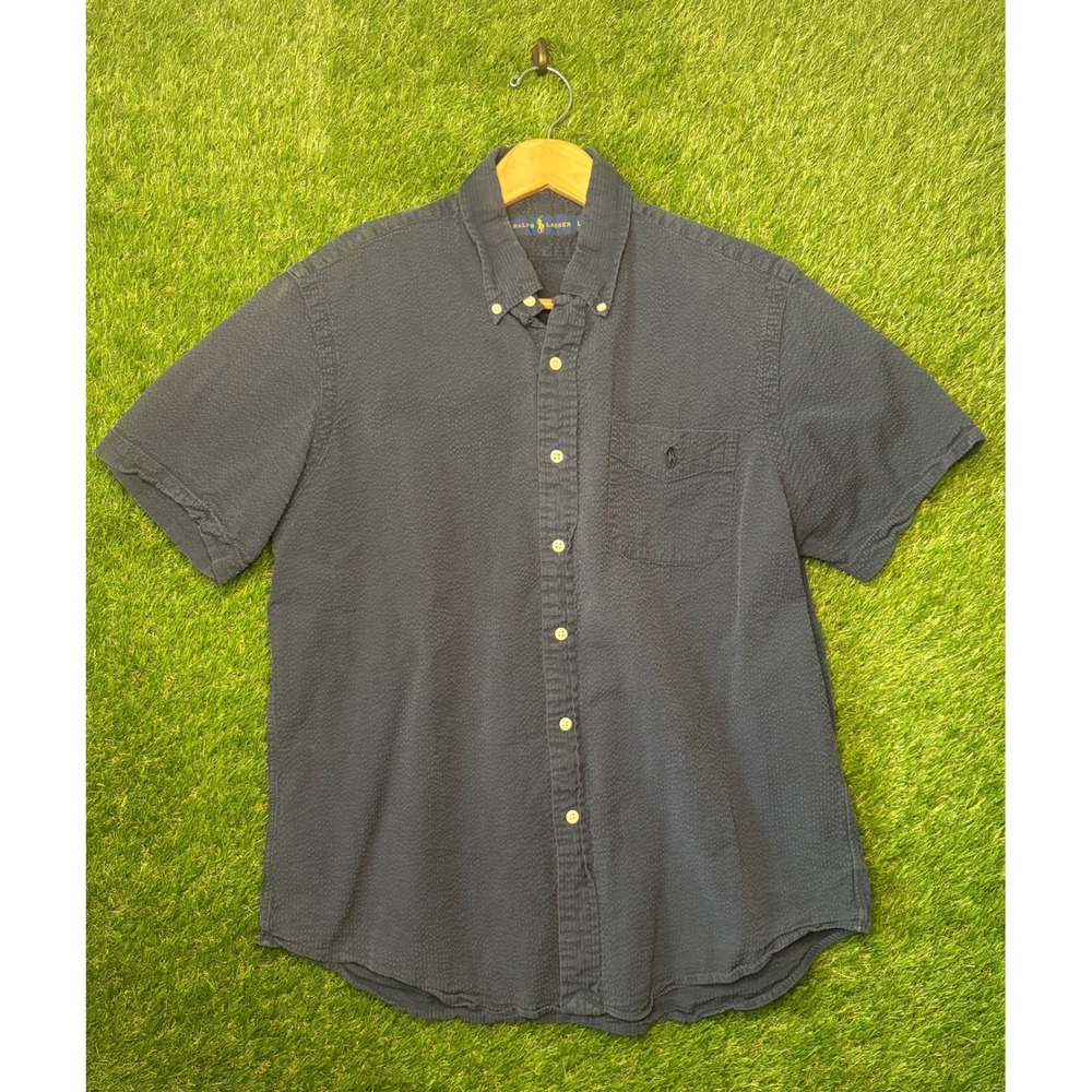 Ralph Lauren Mens Seersucker Short Sleeve Button Down Shirt Navy Blue Large